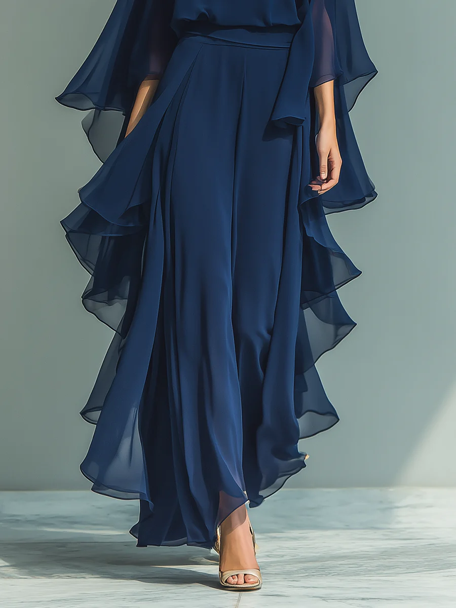 Set Top in Chiffon Blu Navy con Maniche a Campana e Pantaloni dritti con Rouches