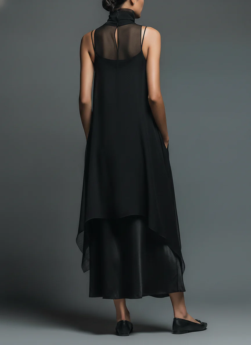 Abito Slip Minimalista Nero in Fibra di Acetato Finto Abbinato a un Coprente in Chiffon, Set Due Pezzi
