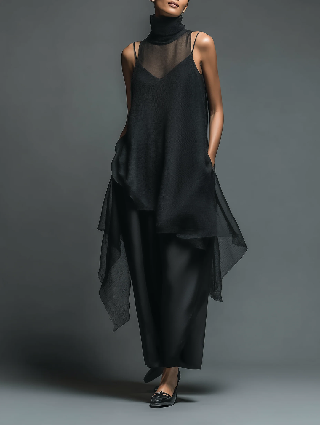 Abito Slip Minimalista Nero in Fibra di Acetato Finto Abbinato a un Coprente in Chiffon, Set Due Pezzi