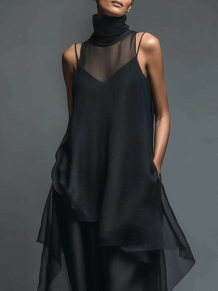Abito Slip Minimalista Nero in Fibra di Acetato Finto Abbinato a un Coprente in Chiffon, Set Due Pezzi