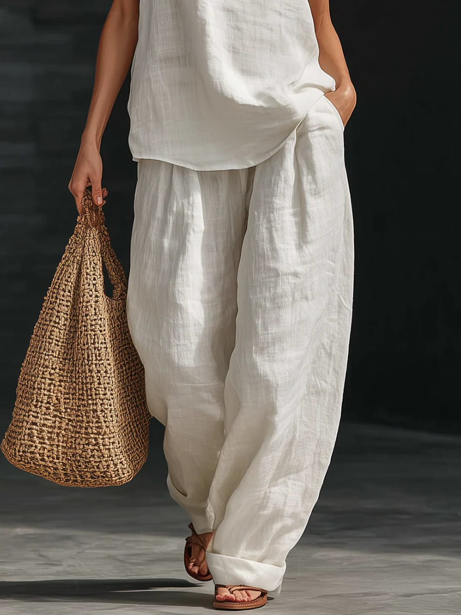 Set Top Senza Maniche V-collo in Lino Finto Bianco e Pantaloni a Gamba Larga