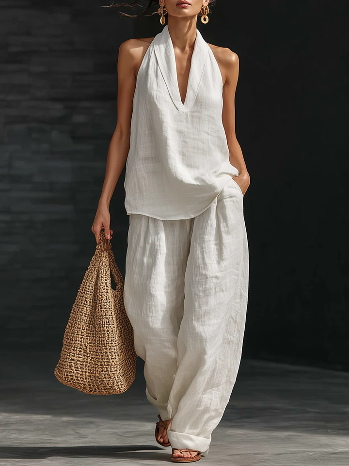 Set Top Senza Maniche V-collo in Lino Finto Bianco e Pantaloni a Gamba Larga