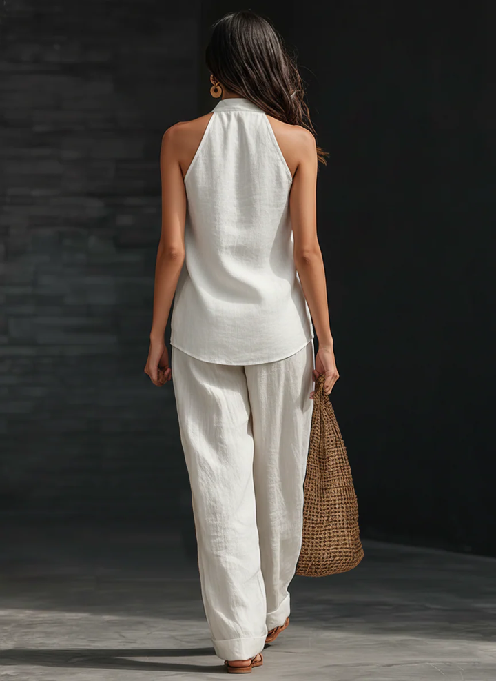 Set Top Senza Maniche V-collo in Lino Finto Bianco e Pantaloni a Gamba Larga