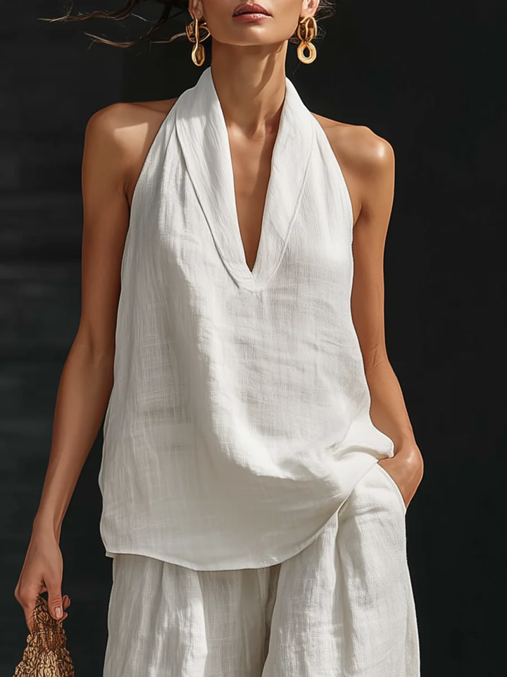 Set Top Senza Maniche V-collo in Lino Finto Bianco e Pantaloni a Gamba Larga