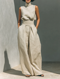 Aurora | Completo due pezzi beige in lino con top senza maniche e pantaloni larghi