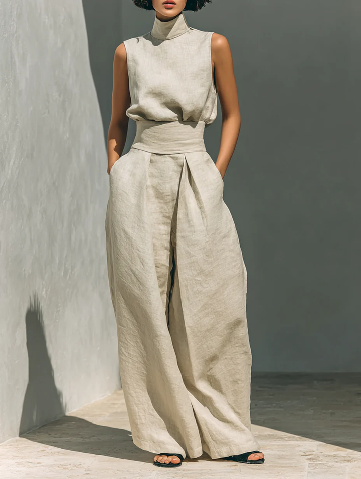 Aurora | Completo due pezzi beige in lino con top senza maniche e pantaloni larghi