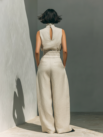 Aurora | Completo due pezzi beige in lino con top senza maniche e pantaloni larghi