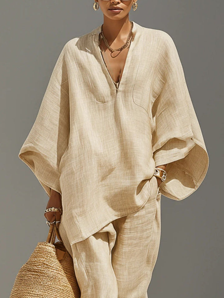 Top Minimalista Asimmetrico in Khaki Chiaro e Completo con Pantaloni Jogger