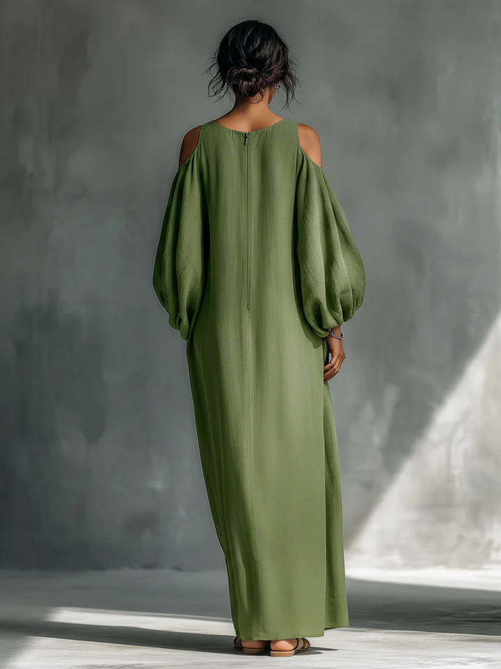 Abito Maxi Verde Off-shoulder con Maniche a Volant Oversize