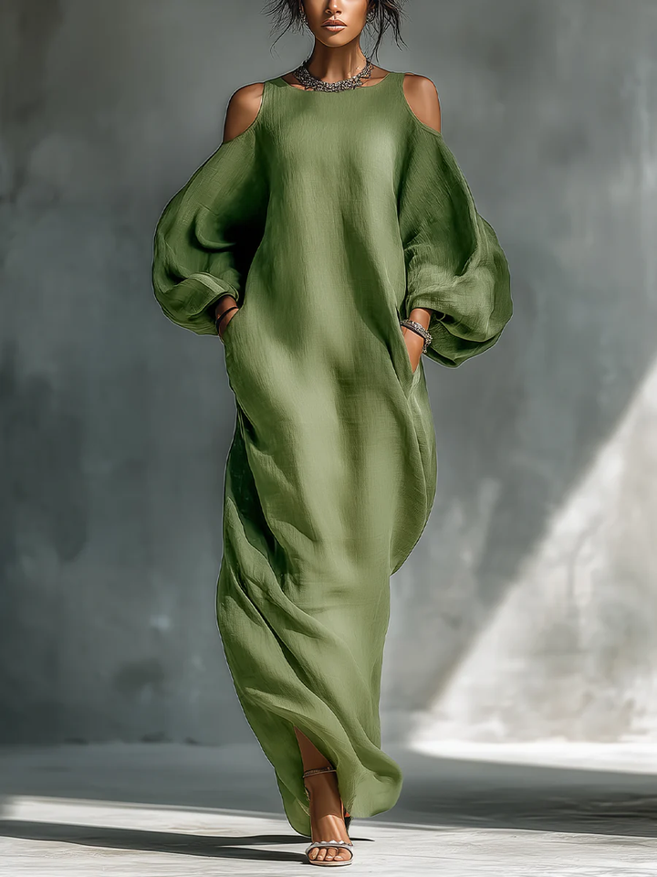 Abito Maxi Verde con Spalle Scoperte e Maniche a Palloncino Oversize