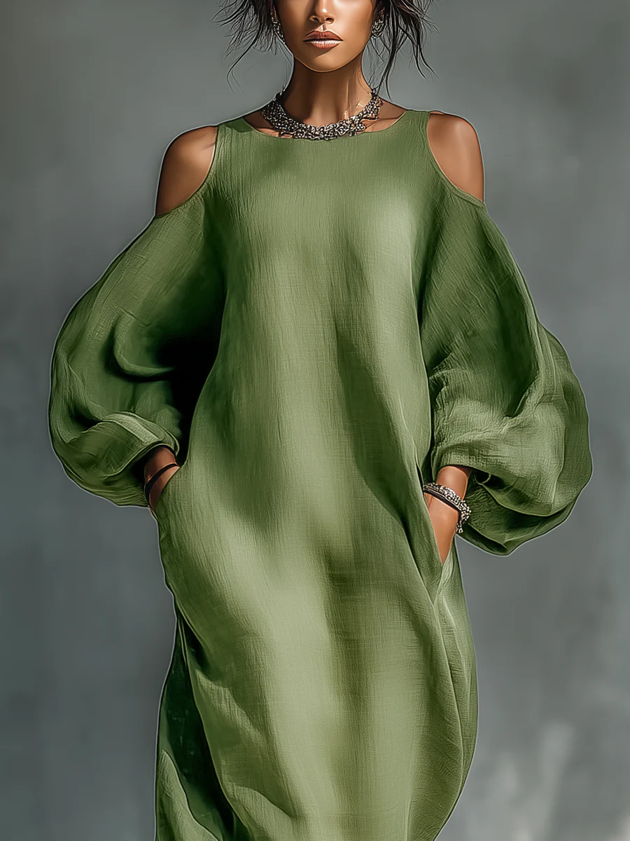 Abito Maxi Verde Off-Shoulder con Maniche a Palloncino Oversize