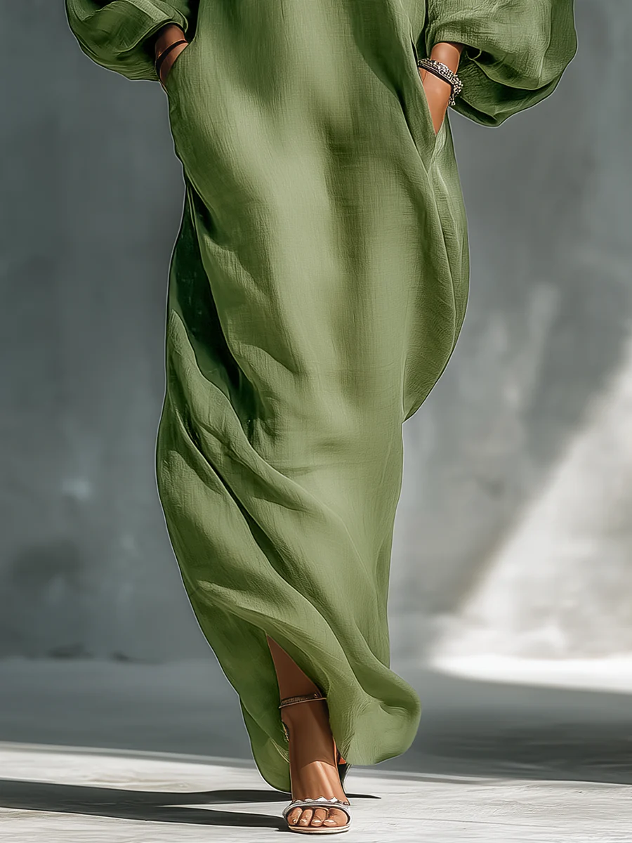 Abito Maxi Verde Off-Shoulder con Maniche a Palloncino Oversize
