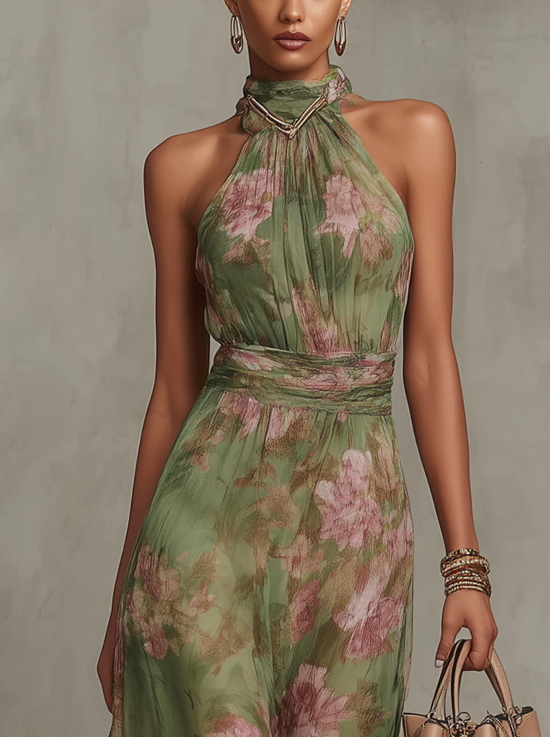 Abito Maxi Halter in Chiffon Verde Floreale