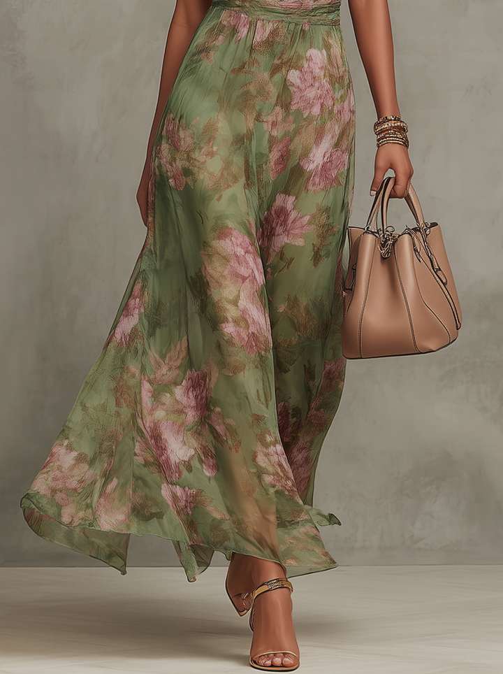 Serena | Abito maxi in chiffon floreale con scollo americano