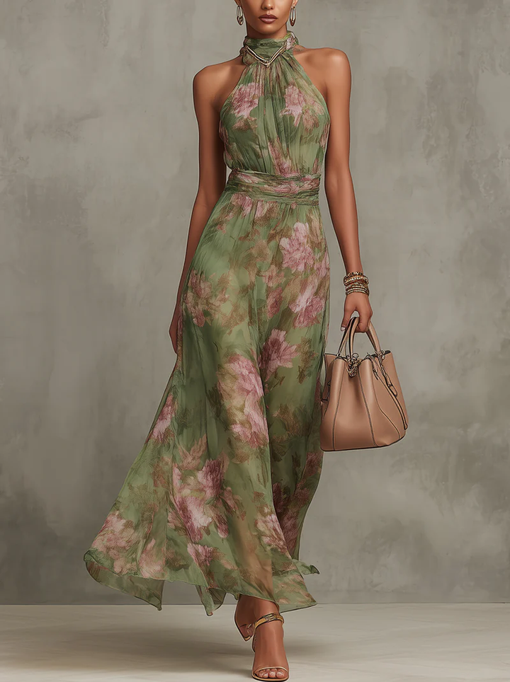 Abito Maxi Halter in Chiffon Verde Floreale