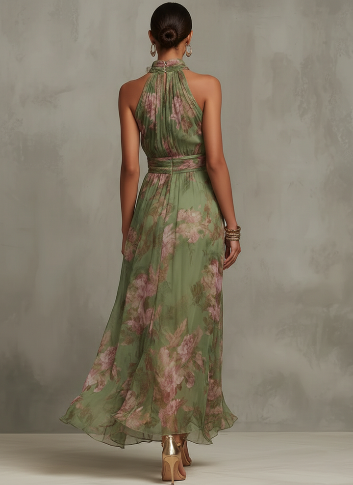 Abito Maxi Halter in Chiffon Verde Floreale