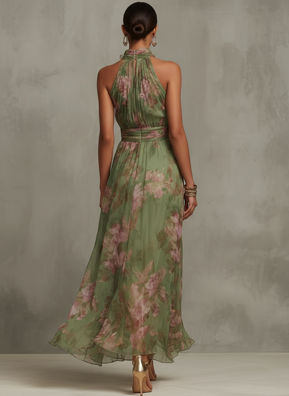 Abito Maxi Halter in Chiffon Verde Floreale