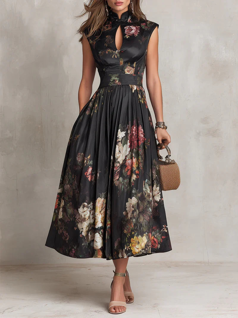 Elena Vestito Midi in Satin Plissettato con Scollatura a Abertura