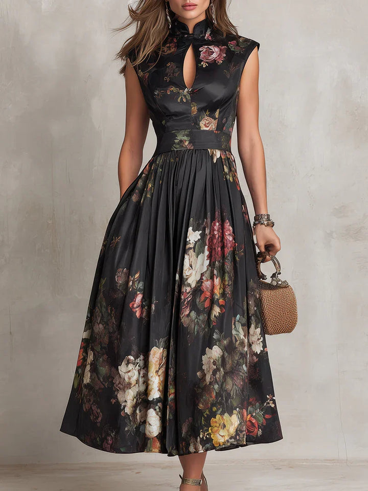 Elena Vestito Midi in Satin Plissettato con Scollatura a Abertura