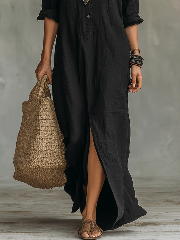 Abito Maxi Camicia con Bottone Frontale e Scollo Aperto