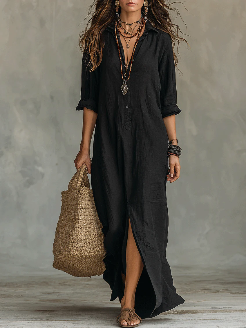 Abito Maxi Camicia con Bottone Frontale e Scollo Aperto