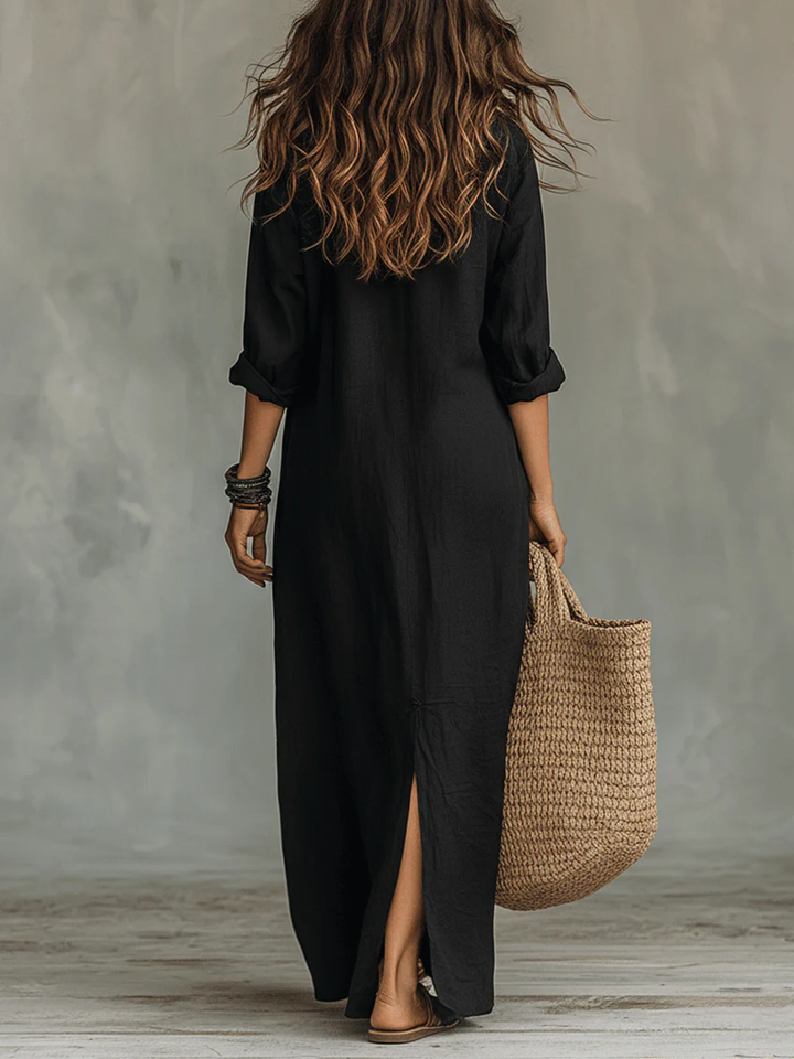 Abito Maxi Camicia con Bottone Frontale e Scollo Aperto