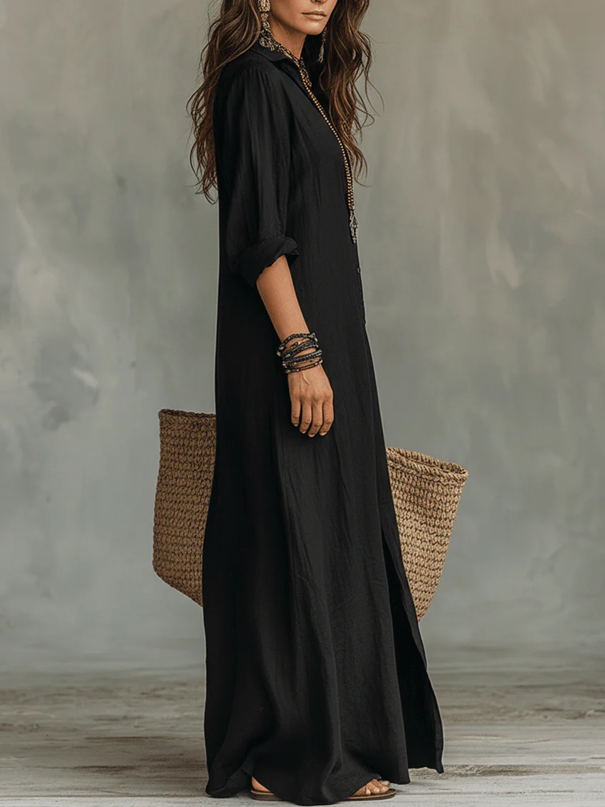 Abito Maxi con Collo a Camicia e Apertura Frontale Nera