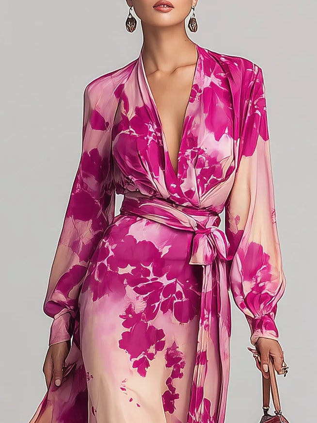 Abito Maxi Rosso Rosa con V-Neck e Cintura