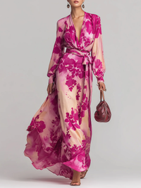 Abito Maxi Rosso Rosa con V-Neck e Cintura
