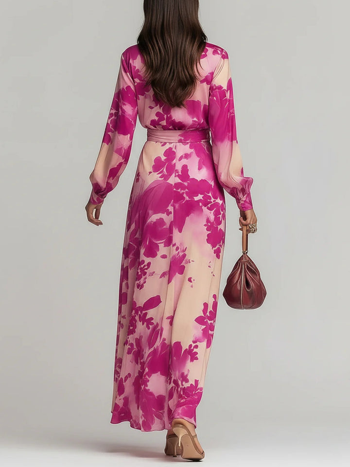 Abito Maxi Rosso Rosa con V-scollo e Cintura