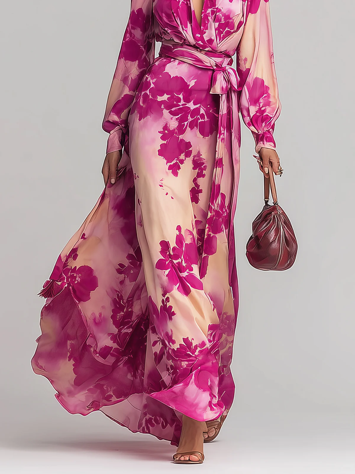 Abito Maxi Rosso Rosa con V-scollo e Cintura