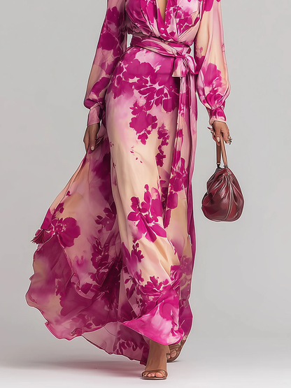Abito Maxi Rosso Rosa con V-Neck e Cintura