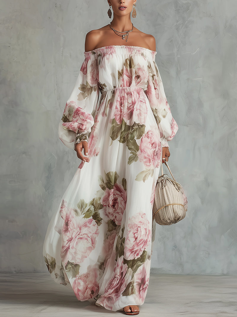 Abito Maxi in Chiffon con Stampa Floreale Bianco e Rosa