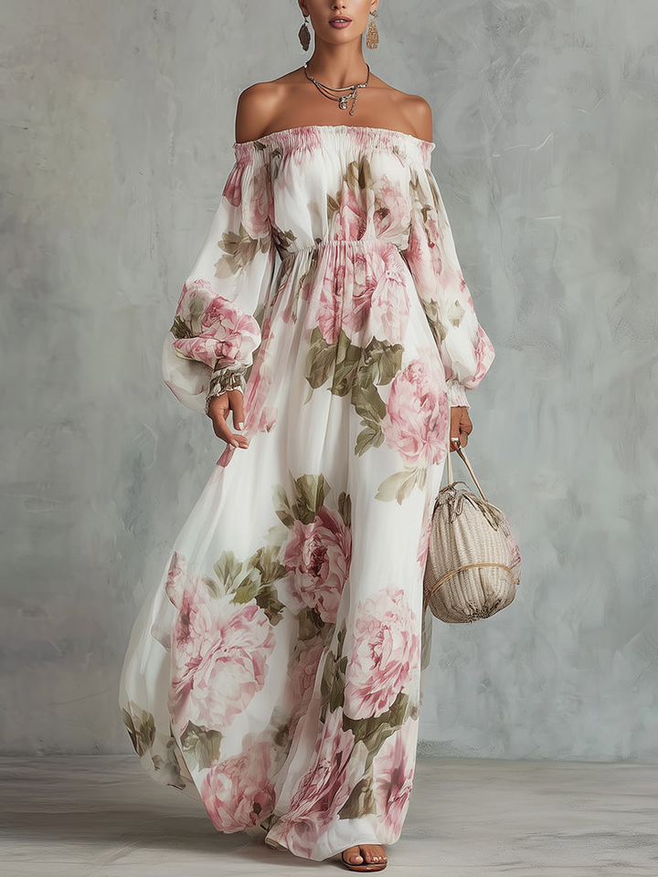 Abito Maxi in Chiffon con Stampa Floreale Bianco e Rosa