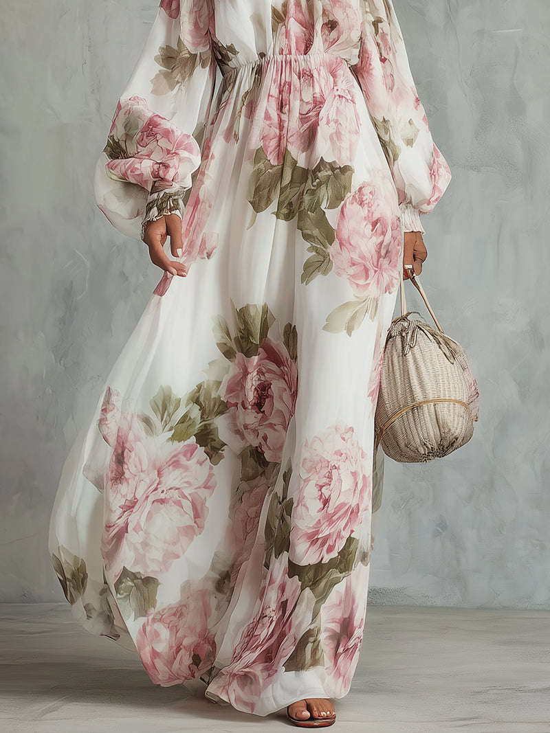 Abito Maxi in Chiffon con Stampa Floreale Bianca e Rosa Off-shoulder