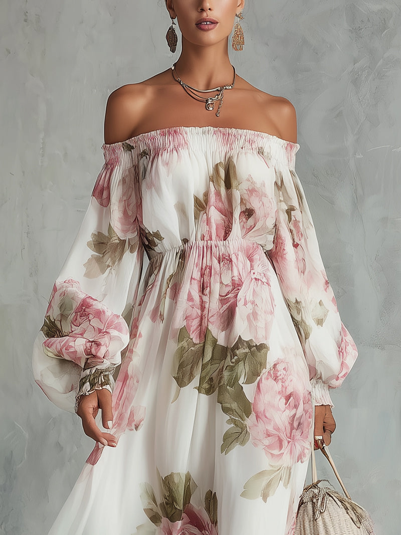 Abito Maxi in Chiffon Off-shoulder con Stampa Floreale Bianca e Rosa