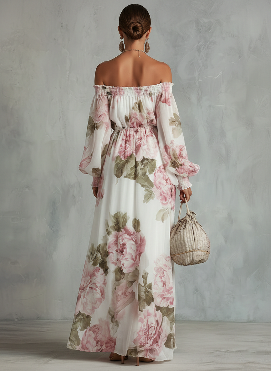 Abito Maxi in Chiffon Off-shoulder con Stampa Floreale Bianca e Rosa