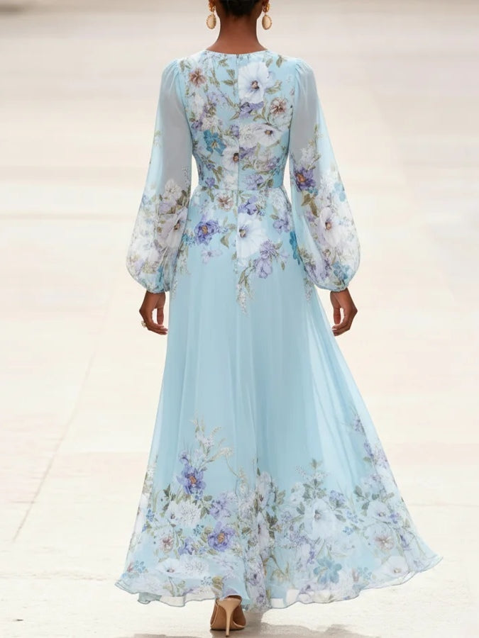 Abito Maxi Stampato in Chiffon Blu Chiaro con Scollatura a V