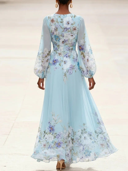 Abito Maxy Stampato in Chiffon Azzurro Chiaro con Scollatura a V