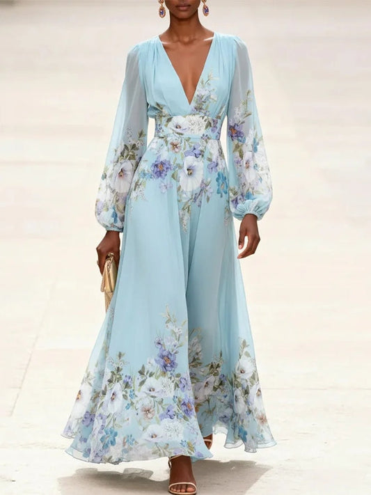 Abito Maxi Stampato in Chiffon Blu Chiaro con Scollatura a V