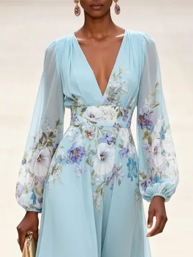 Abito Maxi Stampato in Chiffon Blu Chiaro con Scollatura a V