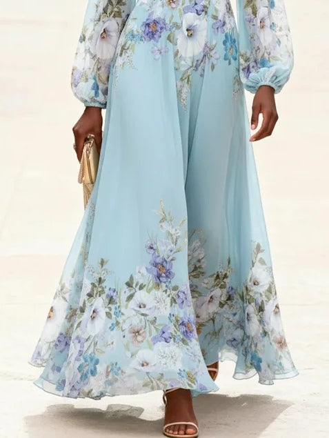 Abito Maxi Stampato in Chiffon Azzurro Chiaro con Scollo a V
