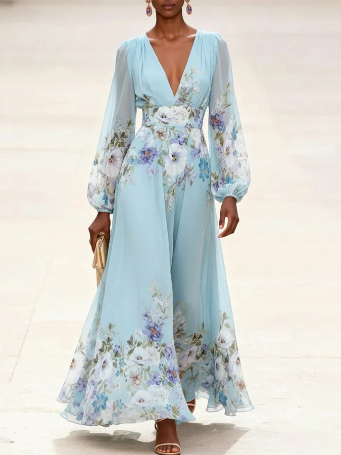 Abito Maxi Stampato in Chiffon Azzurro Chiaro con Scollatura a V