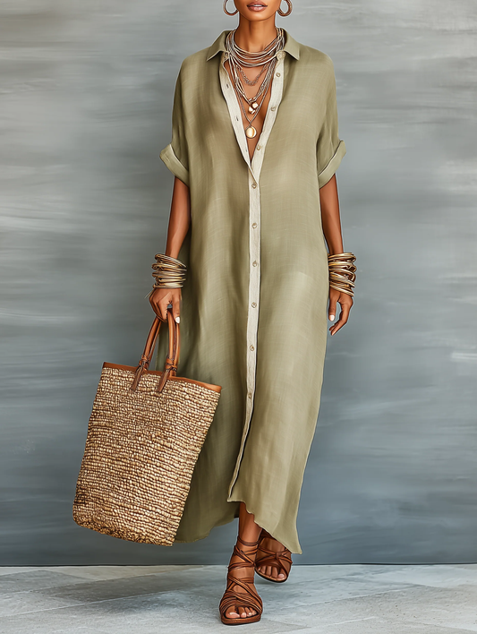 Abito Maxi in Patchwork Minimalista Verde Oliva con Maniche Corte