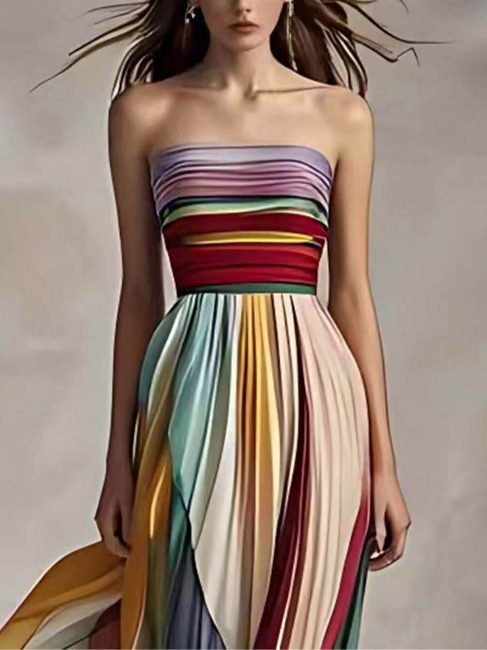 Abito Maxi Bandeau Plissettato a Spalle Scoperte con Stampa a Righe Elegante