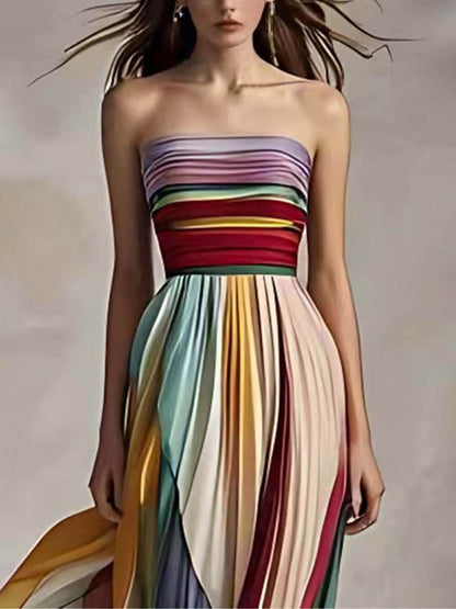 Abito Maxi Bandeau Plissettato a Spalle Scoperte con Stampa a Righe Elegante