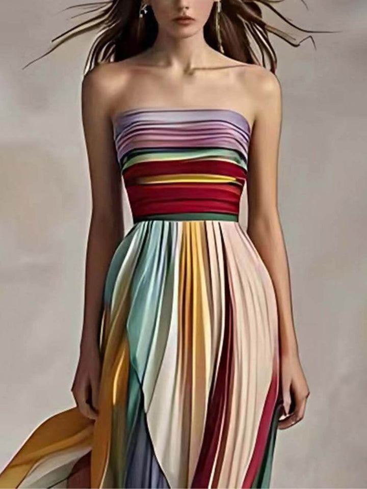 Abito Maxi Bandeau Plissettato a Spalle Scoperte con Stampa a Righe Elegante