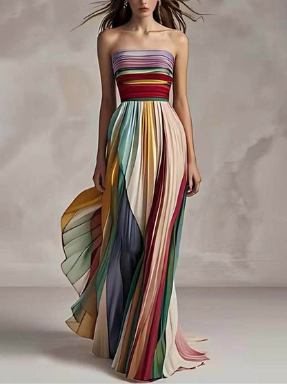 Abito Maxi Plissettato Off-shoulder con Stampa a Righe Elegante