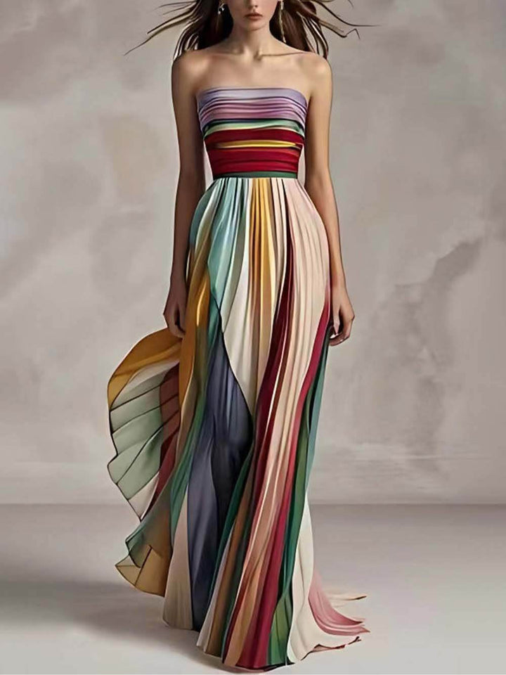 Abito Maxi Bandeau Plissettato con Stampa a Strisce Elegante