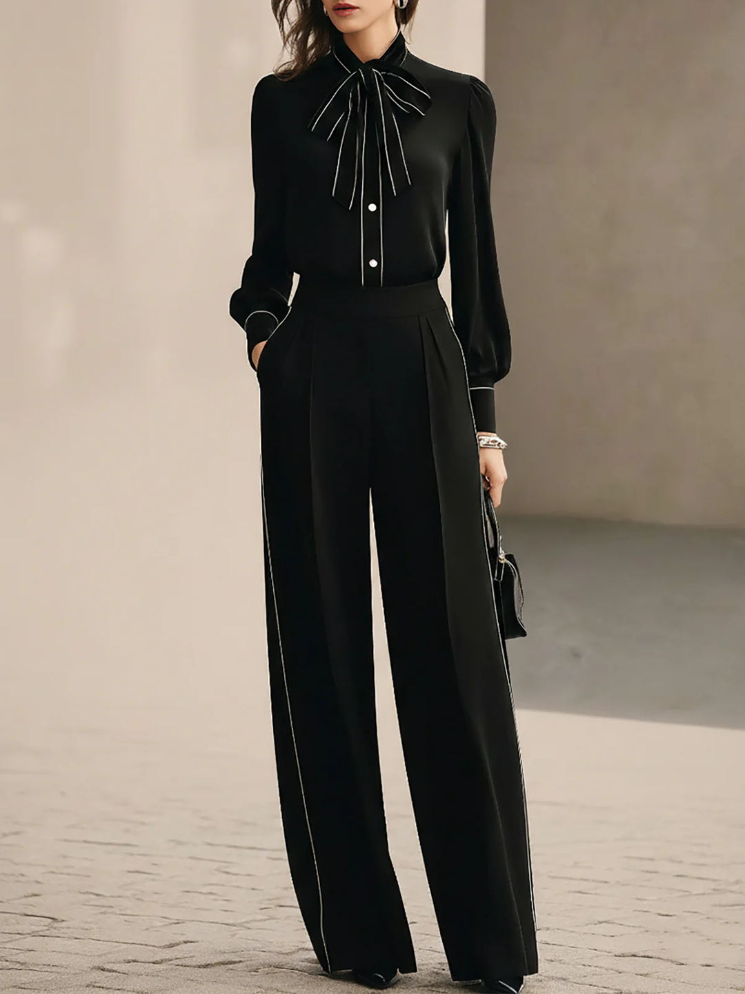 Blusa con Papillon a Righe Bianche e Nere e Pantaloni a Gamba Larga Set di Due Pezzi